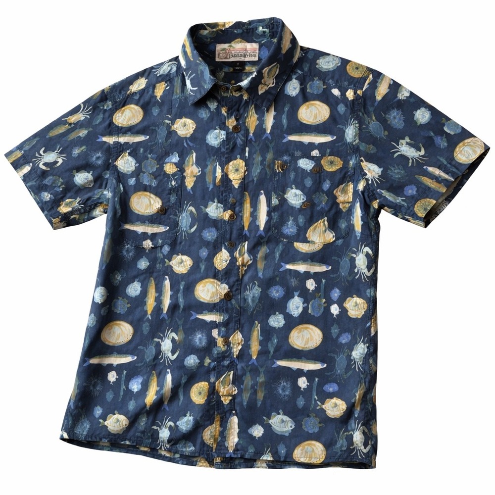Patagonia Pataloha Hawaiian Shirt Mens Small Blue Organic Cotton Fish Crab Aloha
